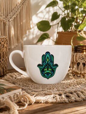 Hamsa Hand Coffee Mug Green 16oz Boho Tea Cup